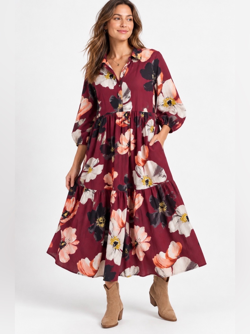 Anthropologie Maeve Bettina Floral Tiered Shirt Dress Burgundy L